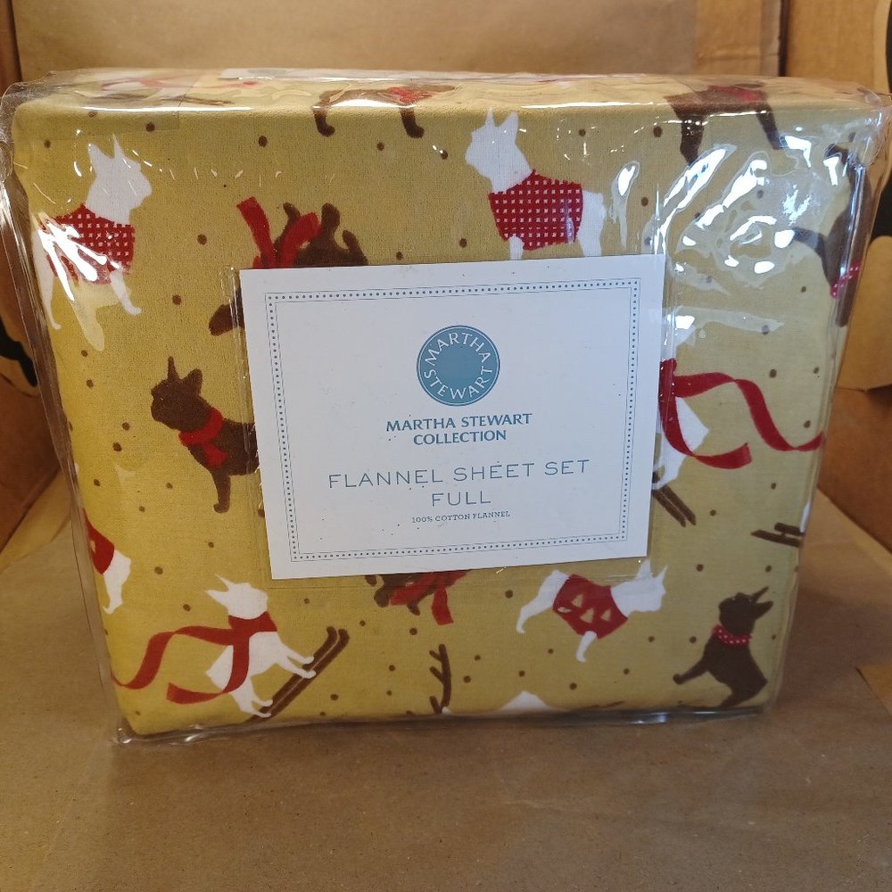 Martha Stewart Collection FULL Flannel Sheet Set PUPPY LOVE Dogs in Sweaters